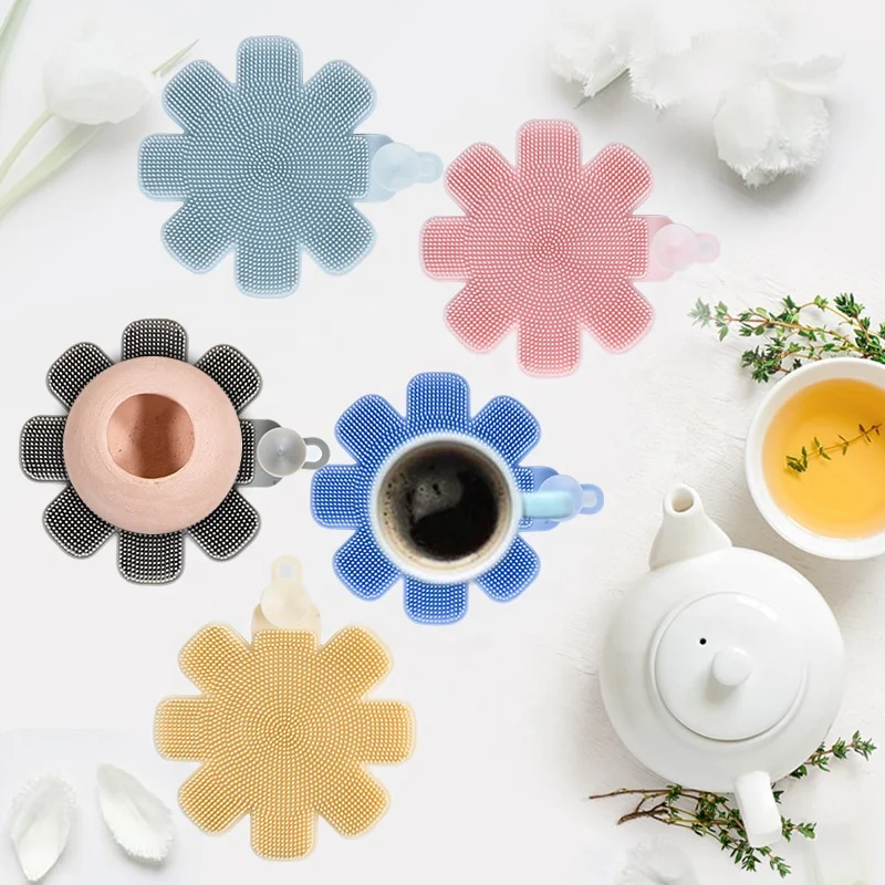 Reusable Wholesale Sponge Silicone Washing Sponge Kitchen Scrubber Flower Shape Cleaning Brush with Suction Cup Household Gadget