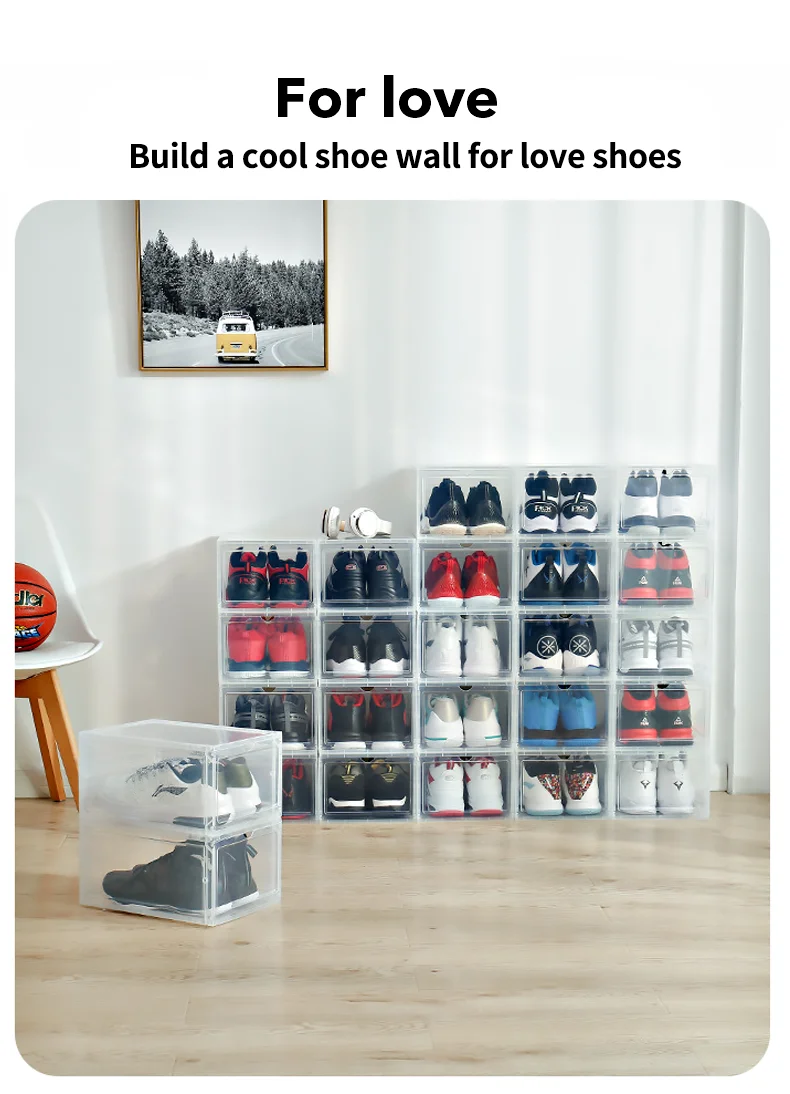 Rectangle Foldable Display Shoe Storage Box Transparent Portable Drop Front Organizer Plastic Shoe Box