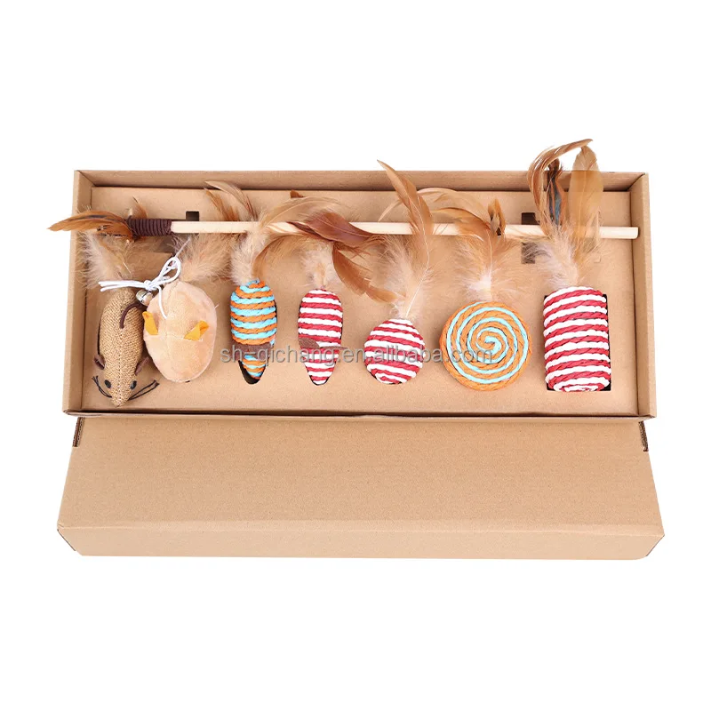 
2021custom direct supply cat playing toys Interactive Pack of 7 Set teaser pet cat wand toys for pet 