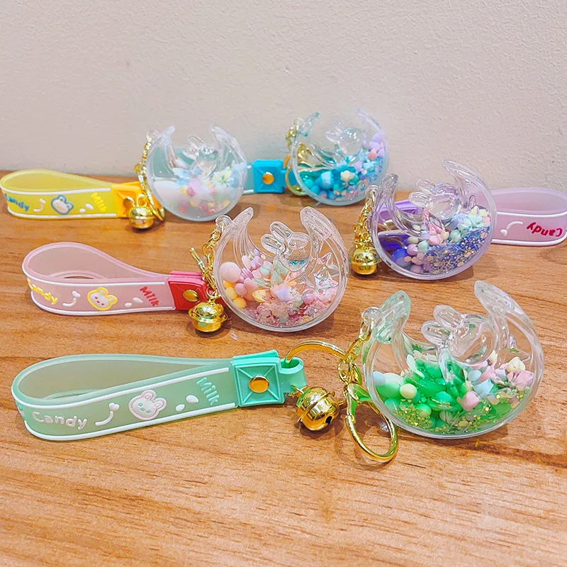 Oil in acrylic quicksand colored beans Moon Rabbit key chain cute couple car key chain bag pendant gift Promotional Girl Women