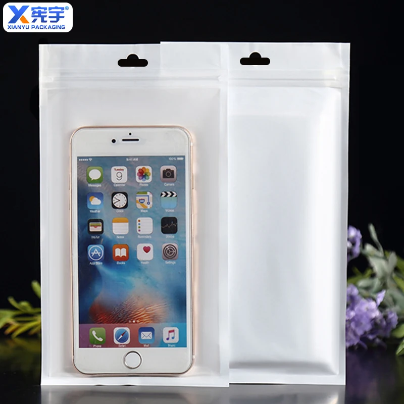 White transparent self sealing zipper plastic bag polyester film storage bag with holes suitable for mobile phone USB data cable