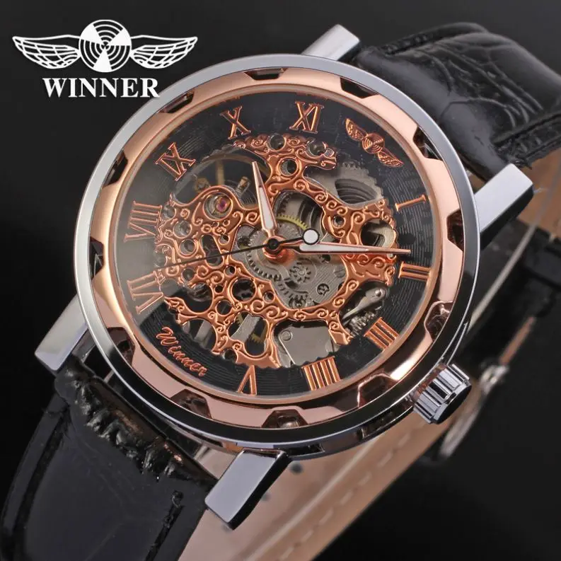 WINNER 8008 hot sell blue boys mechanical watch costume leather band Waterproof self winding skeleton storage wrist watch