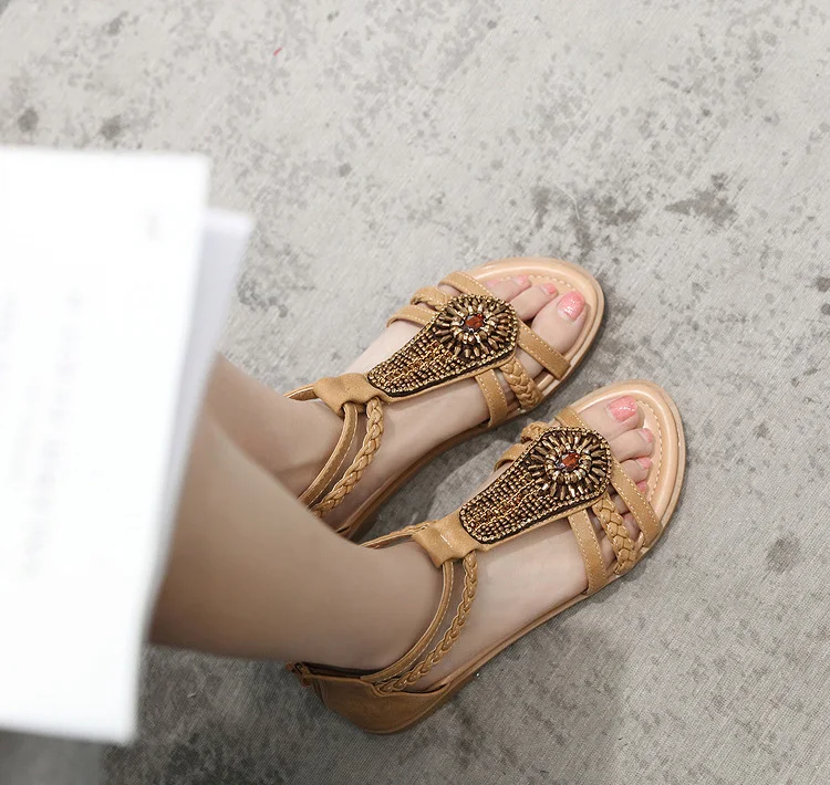 Fashion design ladies Bohemian style retro Beaded Zipper Rhinestone flats Sandals women sandals wholesale women casual sandals