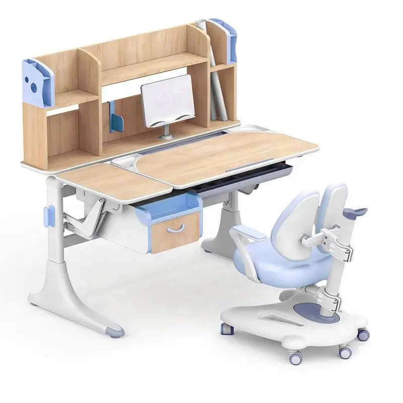 Ergonomic Cheap Sky Blue boy Kids Desk Height Adjustable Children Study Table and Chair Set with Tilting Desktop
