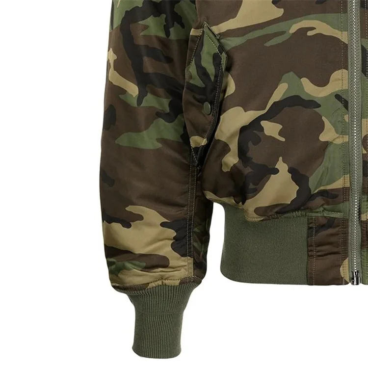 OEM custom camouflage printed elastic cuff zip trim reversible bomber jacket for men