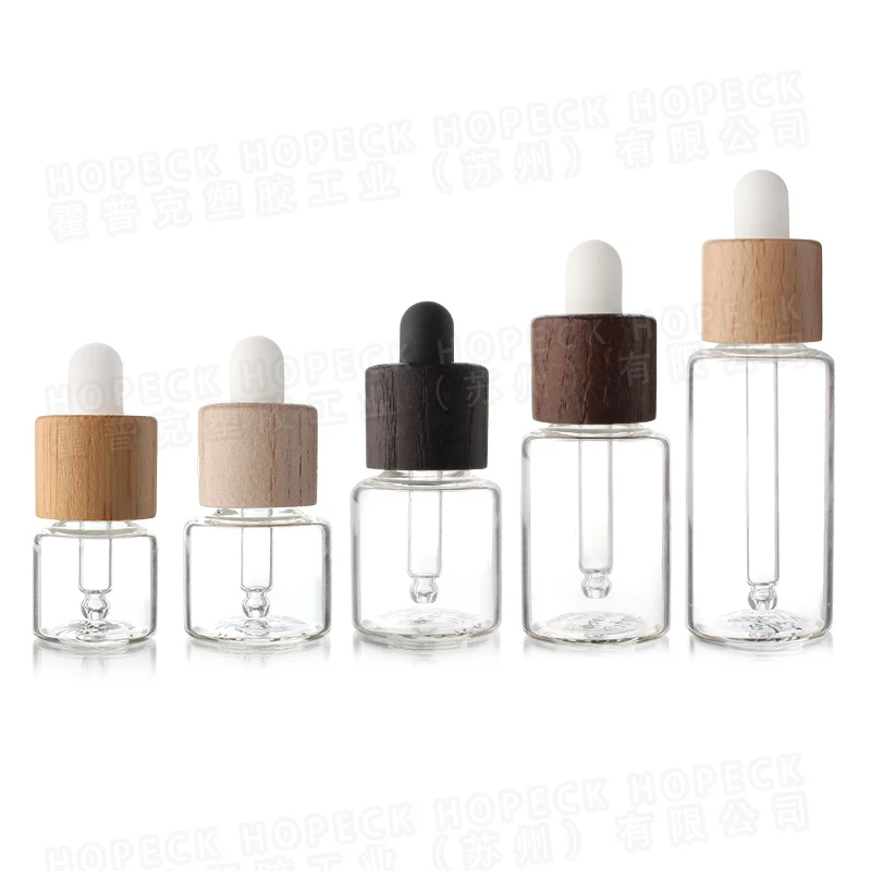 
HOPECK factory wholesale straight round glass serum/essential oil pipette bottle with bamboo wood dropper cap 13/415 
