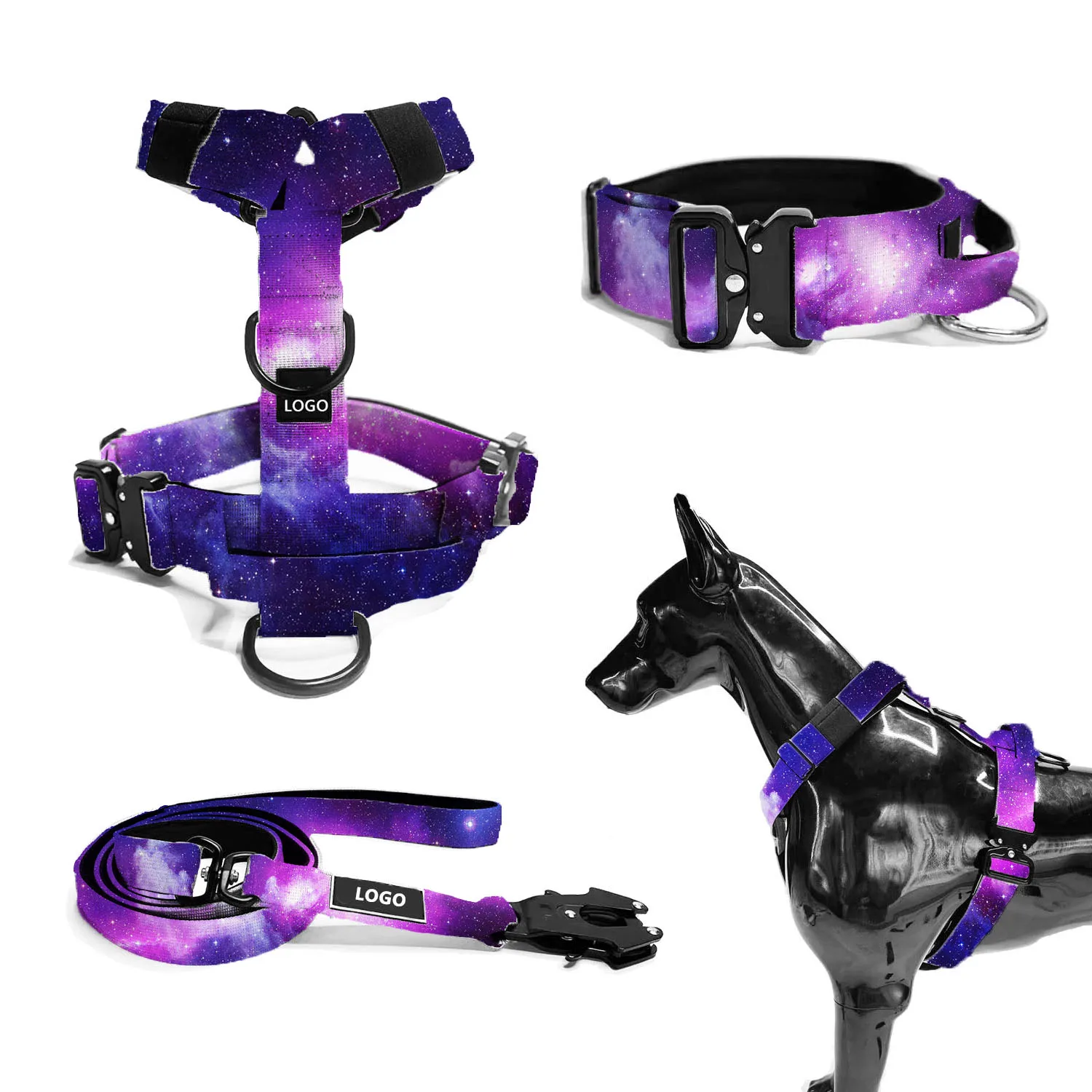 New Design Galaxy  Custom Printed Color Training Combat Dog Harness Leash Set With Strong Metal Buckle And Comfortable Handle