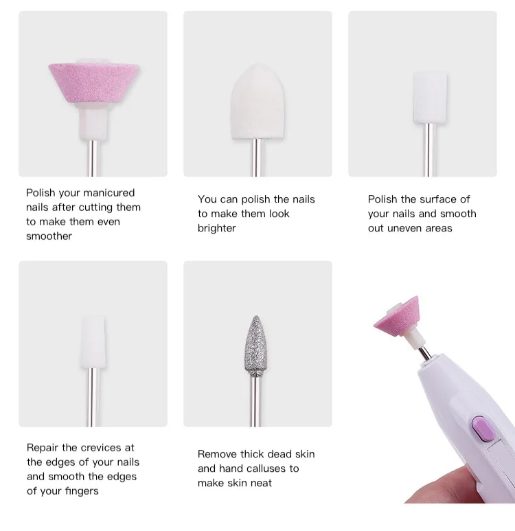 Mini Electric Nail Polish Machine Kit for Manicures Portable Nail Grinding Pen with 5 Attachment Heads for Nail Art