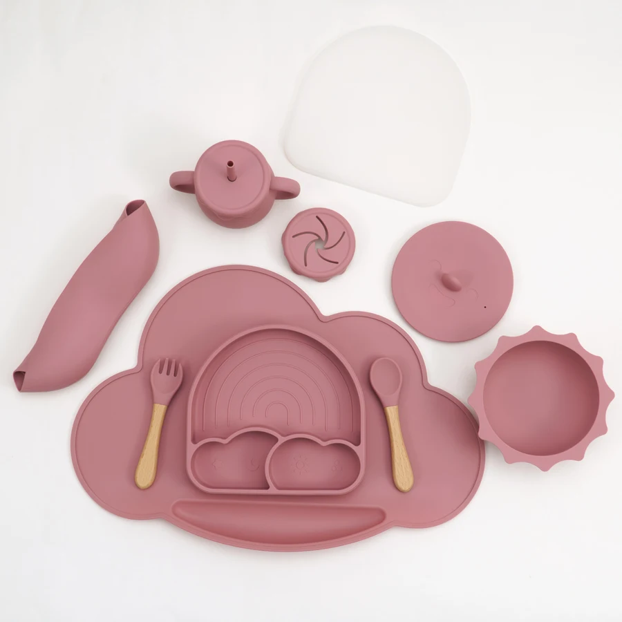 Food Safety Grade Rainbow Soft Silicone Baby Dinner Plate With Silicone Spoon Fork 3 Piece Tableware Set For Kids Toddlers