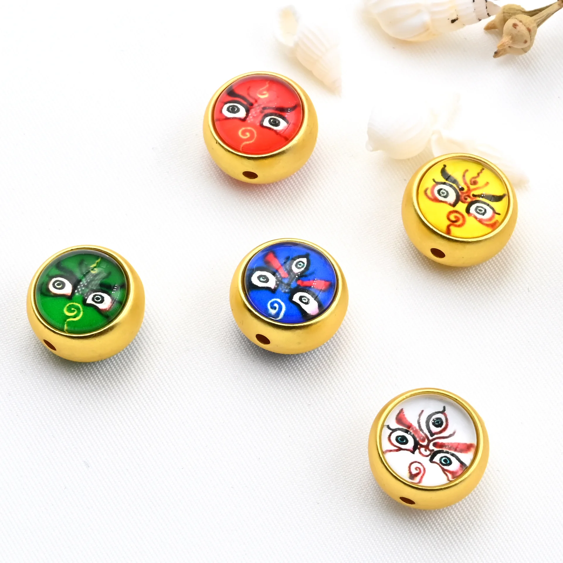 5 Colors Ancient Gold Hand Painted Beads Thangka Pattern Enamel Color Dripping Oil Perforated Bead Diy Jewelry With Spacer Beads