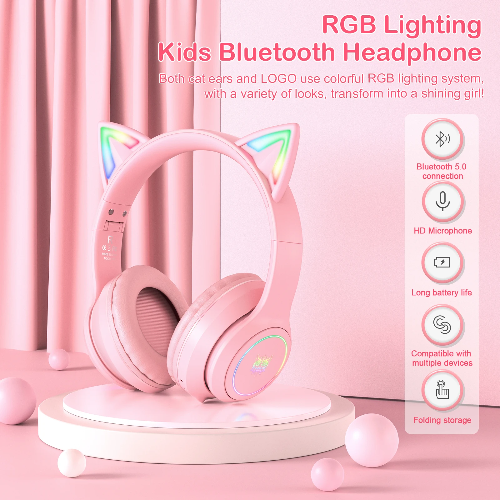 Onikuma B90 Wireless Bt Noise Cancelling Headphones Pink Cat Ear Rgb Audifonos Microphone Stereo Gaming Headset For Girl