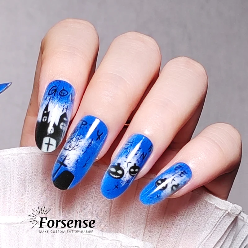 customised halloween long oval false nails wholesale press on nails kit tool and box private label black blue fake nail designs