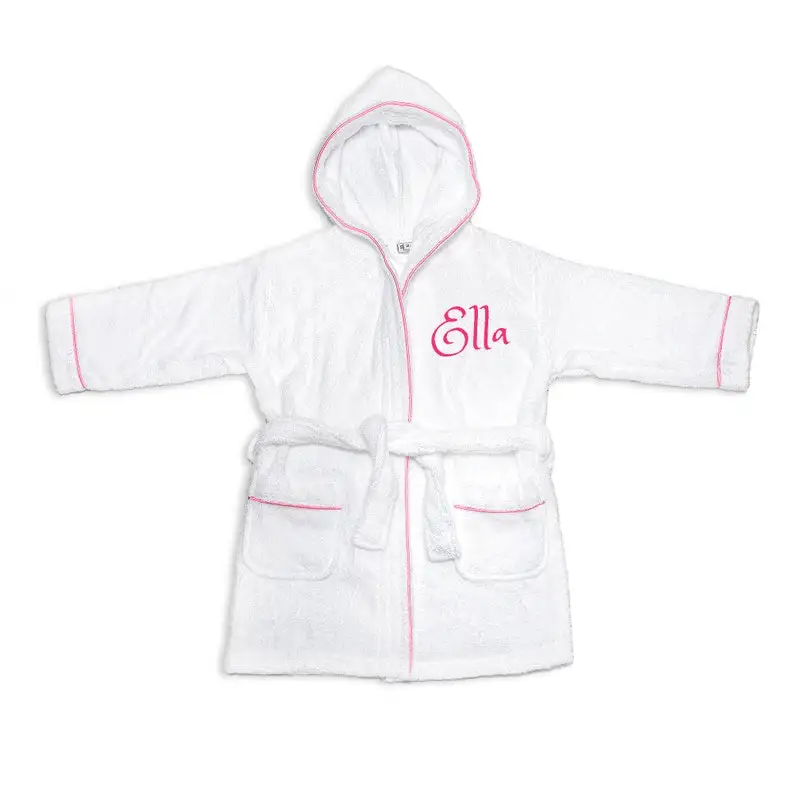 Wholesale Custom Monogram  Children Terry Cotton  Bathrobe White Terry Hooded Seersucker Trim Wrap Baby BathRobe Nightgowns