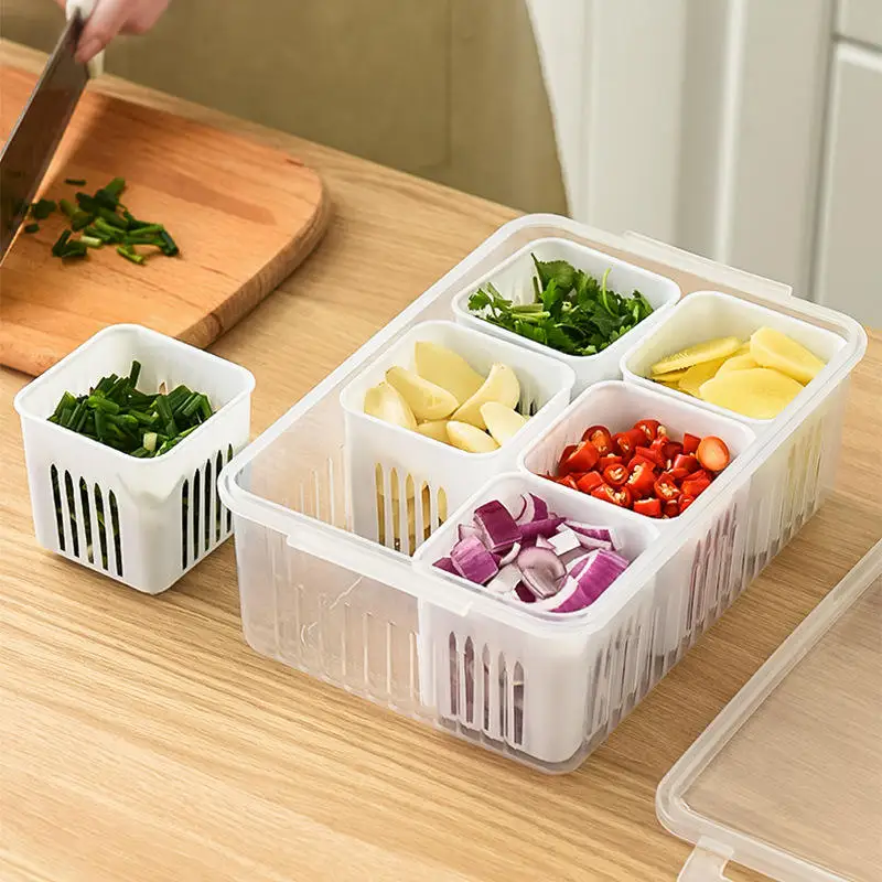 Пластиковый кухонный ящик для хранения ингредиентов коробка продуктов с 6 съемными сливным ящиками органайзер фруктов в холодильнике