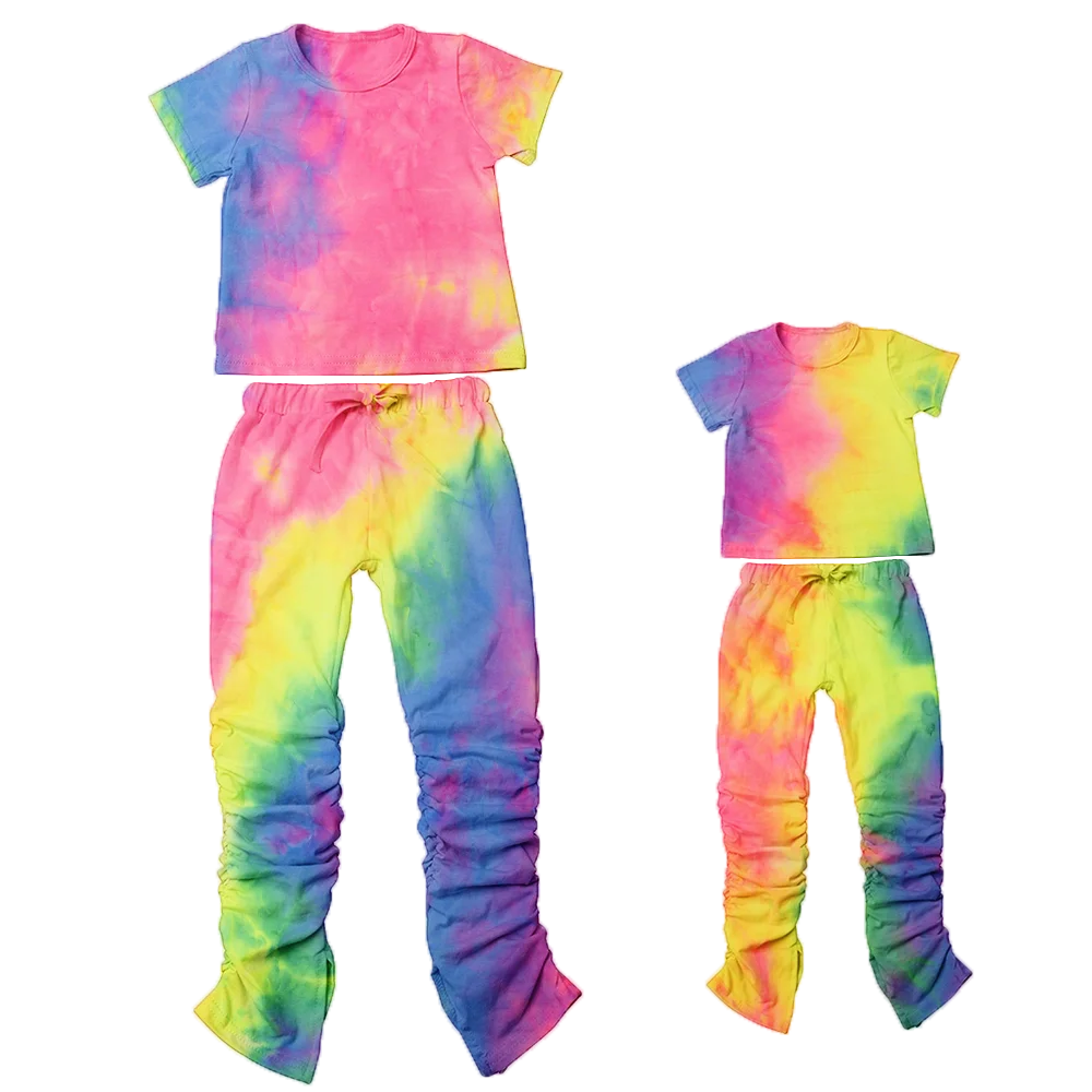 
2020 Hot Sale Fall Clothing for Women Tie Dye Baby Girls Sweatpants Set 2 pcs Kids Stacked Pants Mommy and Me Outfits 