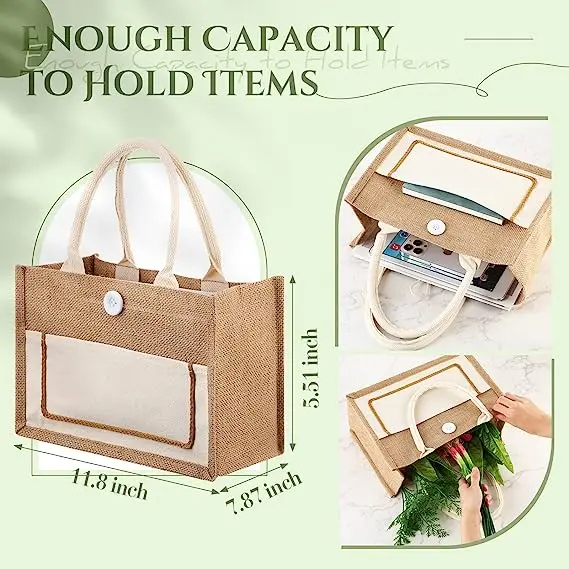 2024 Custom Logo Printed Eco Recycled Natural Foldable Reusable Beach Jute Burlap Tote Jute Bag