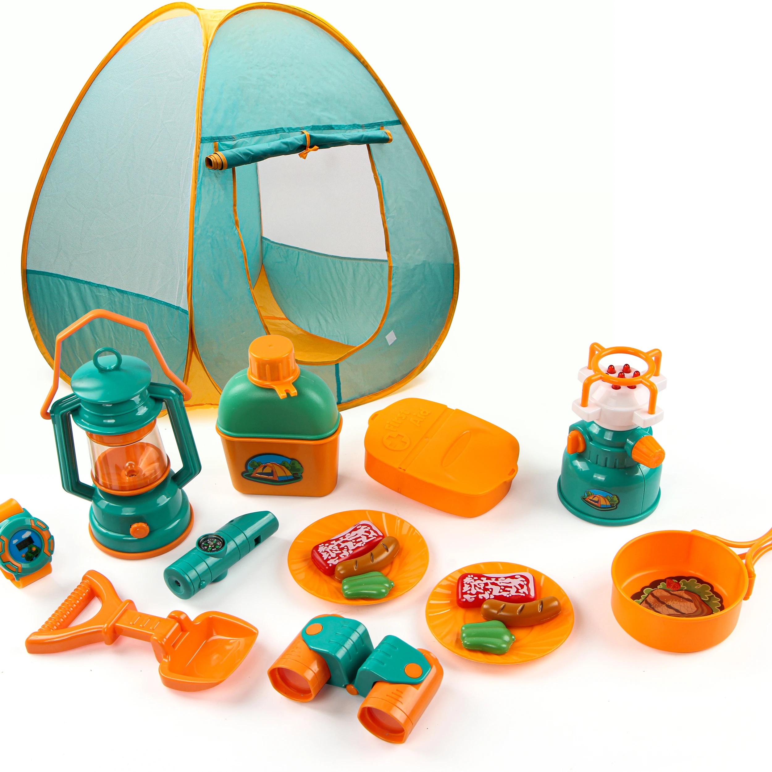 Camp Set Toy for Kids with Toy Tent Camping Lamp Telescope Tableware Outdoor Camping Kitchen Play Toys Teepee Tent