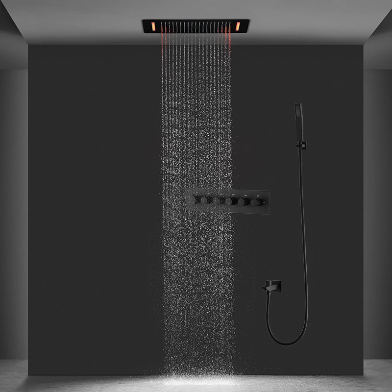 Bathroom Matt black Shower Set Waterfall Rainfall Massage Ceiling LED Shower Head Panel With Thermostatic Mixer Diverter Faucets