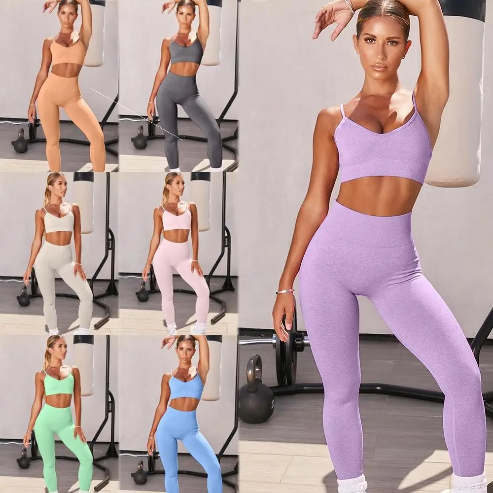 
Summer 2021 Hot Sale Drop Shipping Slim Short Hip Lift Yoga Set Low-cut Sexy Two-piece Suit Sling Solid Yoga Wear 