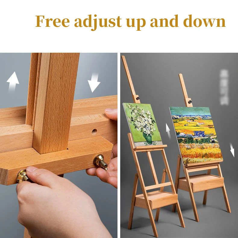 Beech Wood H-Frame Artist Canvas Easel Wooden Artist Studio Easel Stand With Drawer For Oil Painting