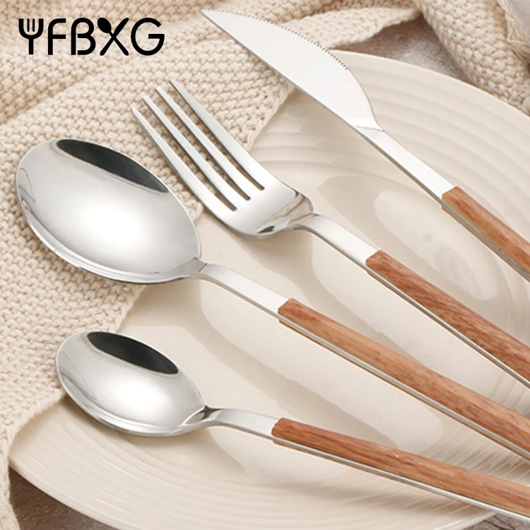 Western High Quality Stainless Steel Silverware Knife Fork and Spoon ABS Plastic Wooden Handle Flatware Cutlery Set Restaurant