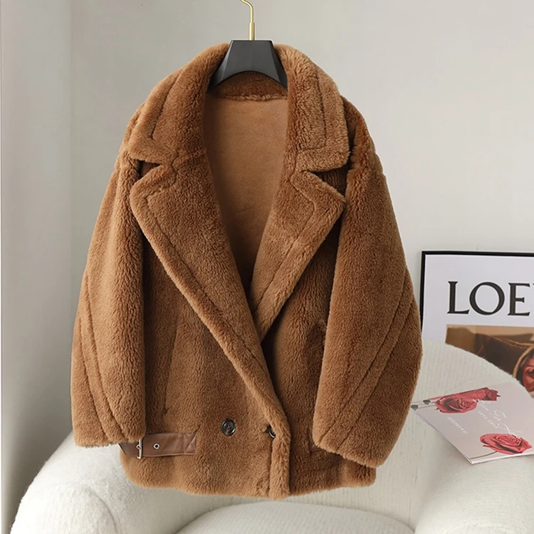 Shearling 100% wool real overcoat double breasted notched lapel oversized teddy fur coat woman
