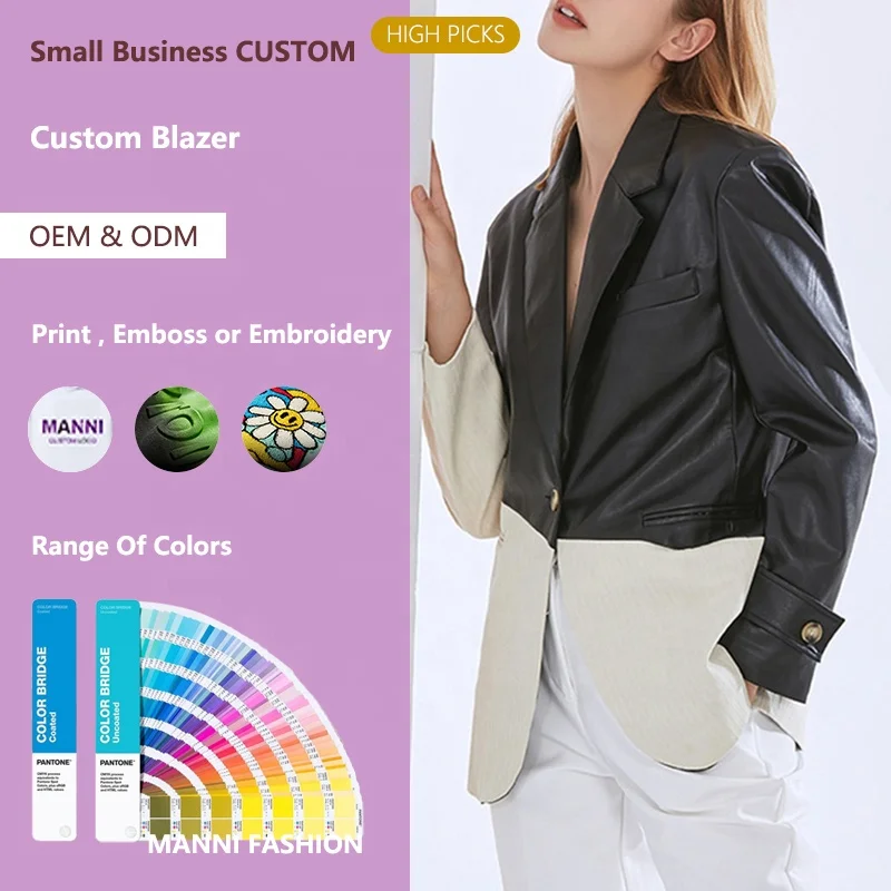 MANNI Casual Spring Single Button PU Blazer Black White Contrast Stitching Oversize Waterproof Wool Lining Solid Print Work