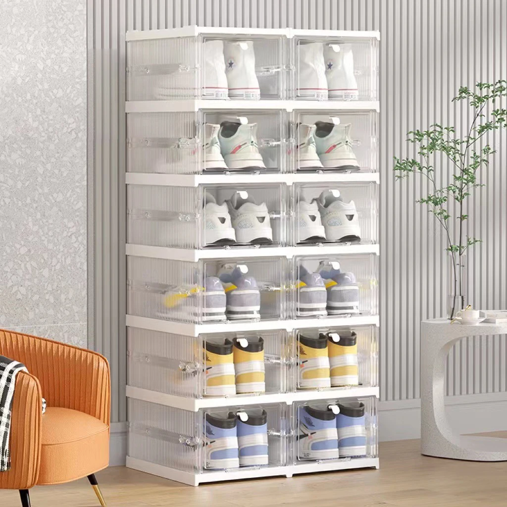 High Quality Plastic Foldable Shoe Storage Container Clear Stackable Drop Front Shoe Box