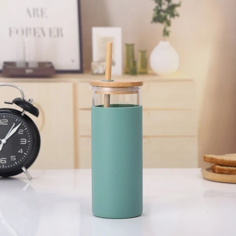 Bpa Free Keep Warm Custom Printing Reusable Water Bottles Cup Bamboo Lid Straight Tumbler with Silicone Sleeve and Straw 500ml