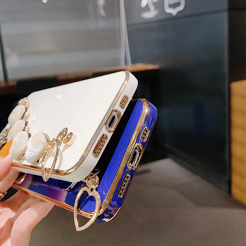 Mobile Accessories With Plush Love Wrist band 2023 Hot Selling 6D Plating Purple Colors Phone Case For iPhone 14 Pro Max + Plus