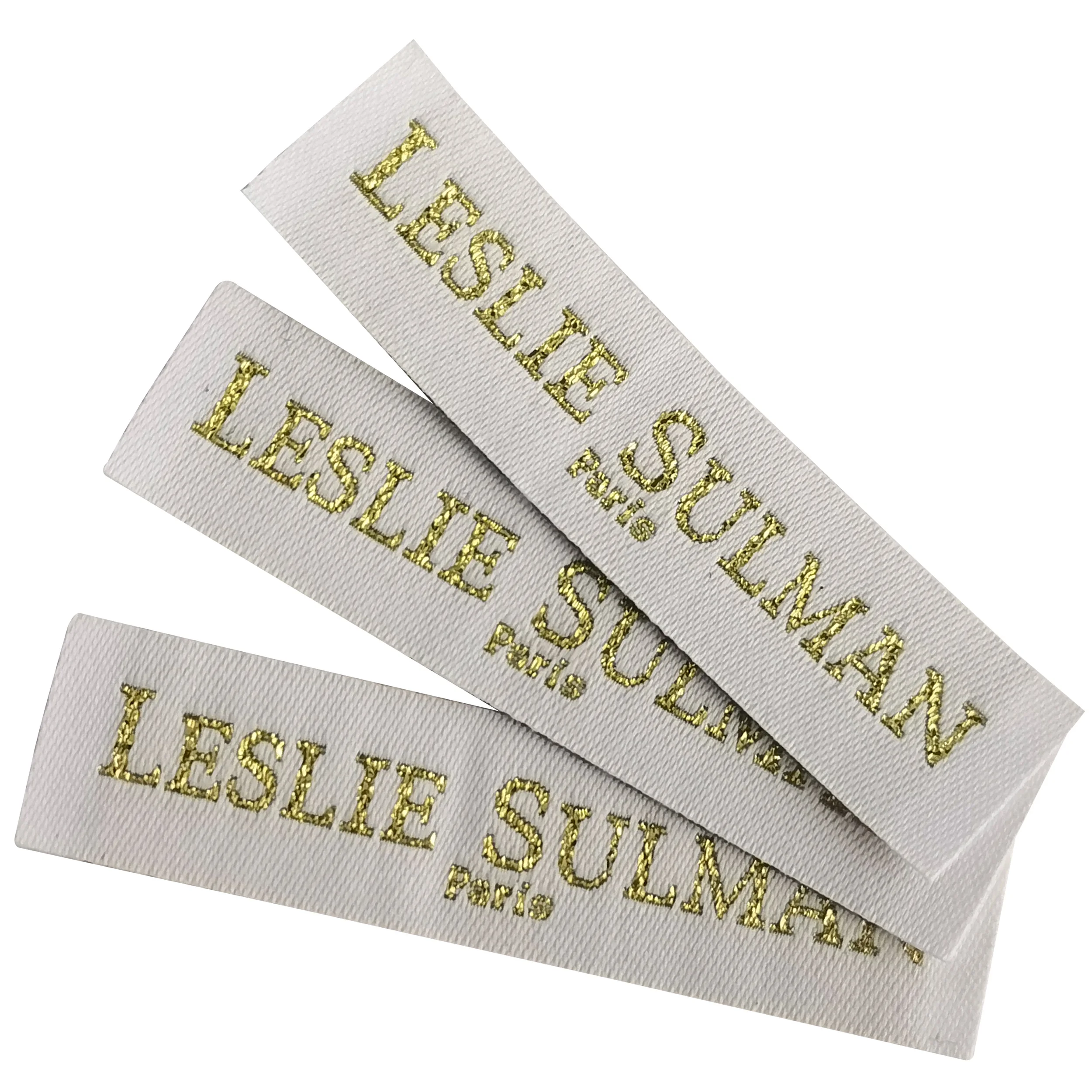 WL-0029 Custom Luxury Iron On Metallic Golden Logo Fabric Label Damask Neck Woven Tags For Clothing Brand