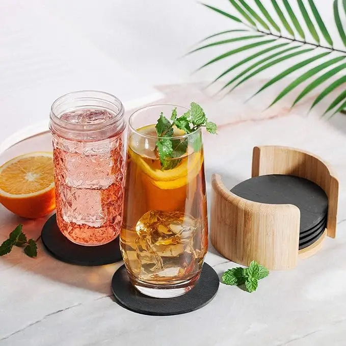 Custom 100% Natural round Slate Coaster Set with Bamboo Holder Bulk Wholesale Drinking Mats & Pads