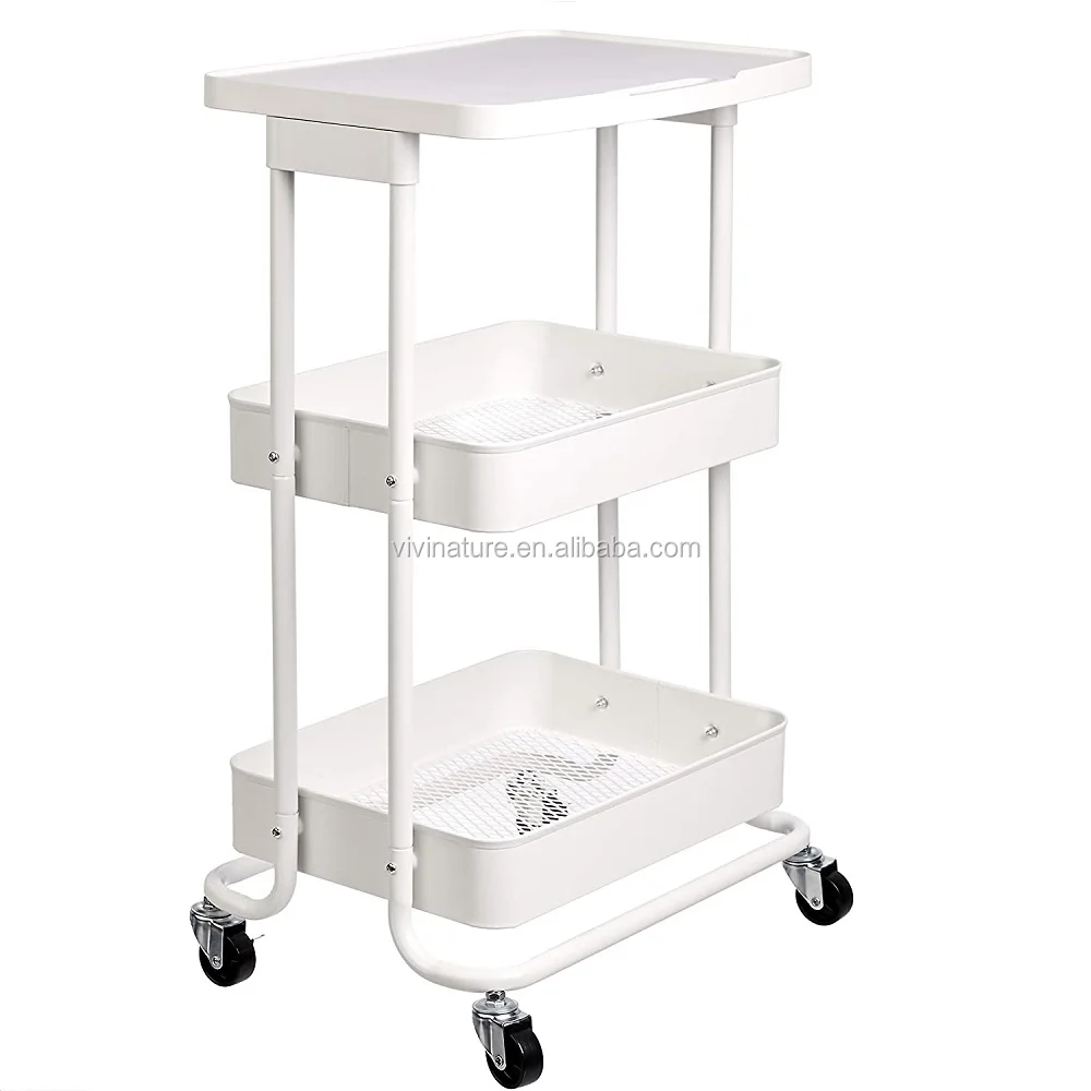 White  Color 2 Tier Metal Kitchen Utility Cart with Shelf