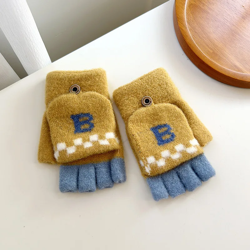 Children  Winter Half Finger Gloves Jacquard Letter Students Five Finger Writing Gloves