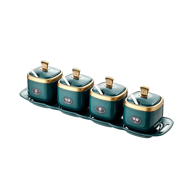 New Arrival Kitchen Canister Set Seasoning Box Plastic Jars Storage Sugar Salt Pepper Sealed Container with Lid Spoons and Tray