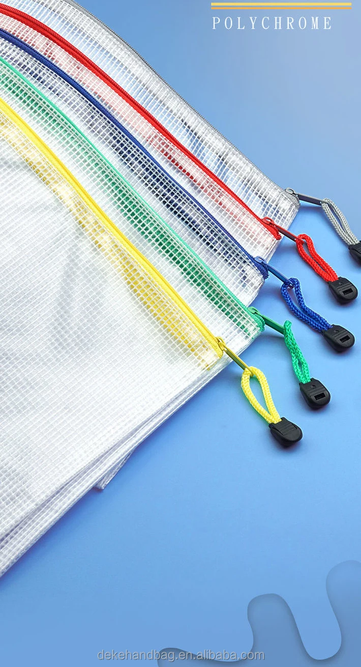 Custom Logo 0.4 Grid Mesh Clear Pvc A3 A5 B4 B5 Zipper File Bag Zipper Card Slot Transparent Document Bag for School Office