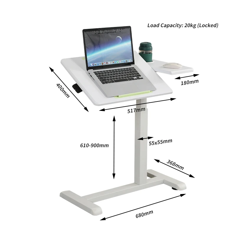 Pneumatic Gas Height Adjustable Overbed Desk & Table  Bedside Medical Table with Wheels and Tilting Tabletop