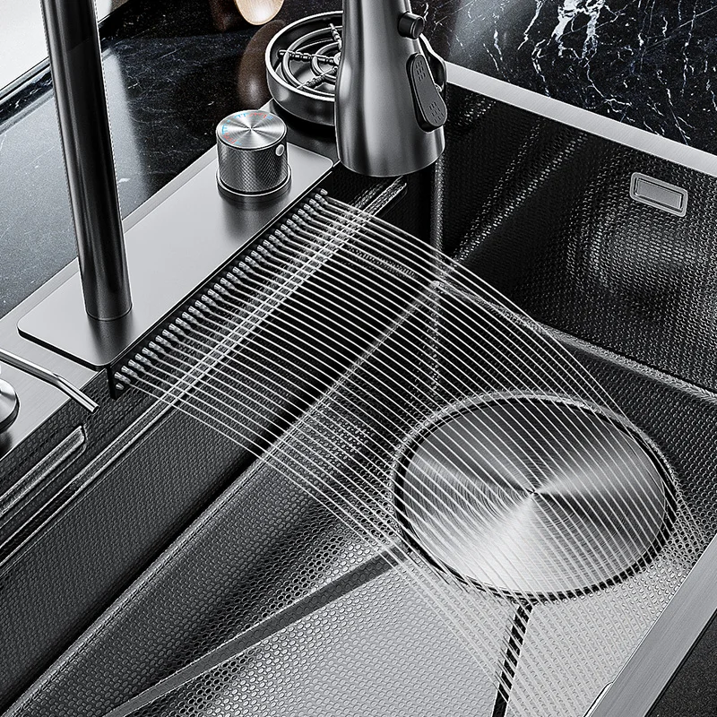 Black Embossed Flying Rain Design Matching Drain Basket Cutting Board Family Multifunctional Kitchen Sink