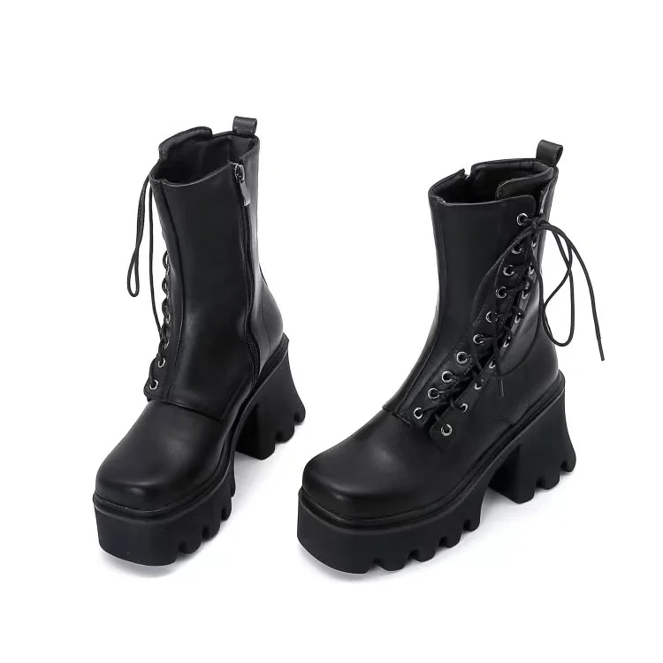 Shein 2021 Wide Fit Women Boots Plus Size Platform Vintage Wedge Chunky High Heel Lace Up Combat Boots Leather Boots In Stock