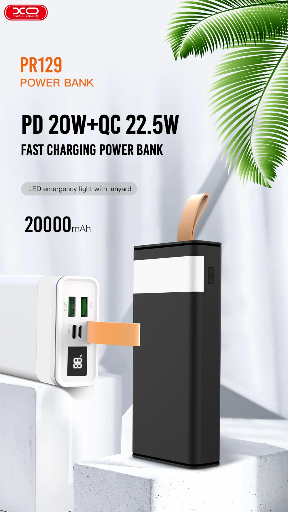 PR130 Quick charge Power Bank PD 20W+USB QC22.5W 40000mAh with light