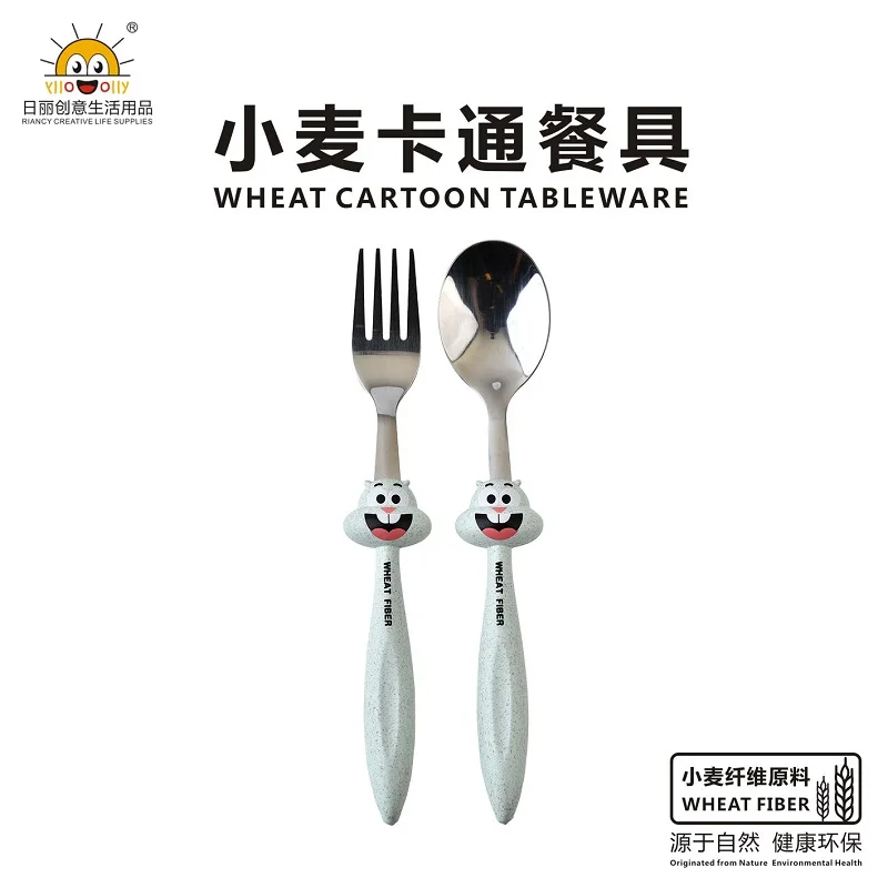 Wheat Straw Fiber Kids Dinnerware Set Stainless Steel Cutlery with Chopsticks Spoon Fork for Travel Disposable Weddings Gifts