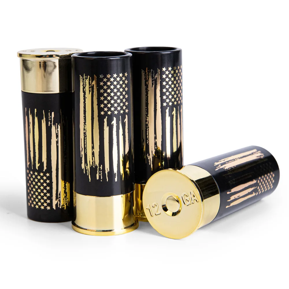 American Flag Skull Christmas Pattern Gilding Shotgun Shell Shape Tequila Shot Glasses Four Pieces Set