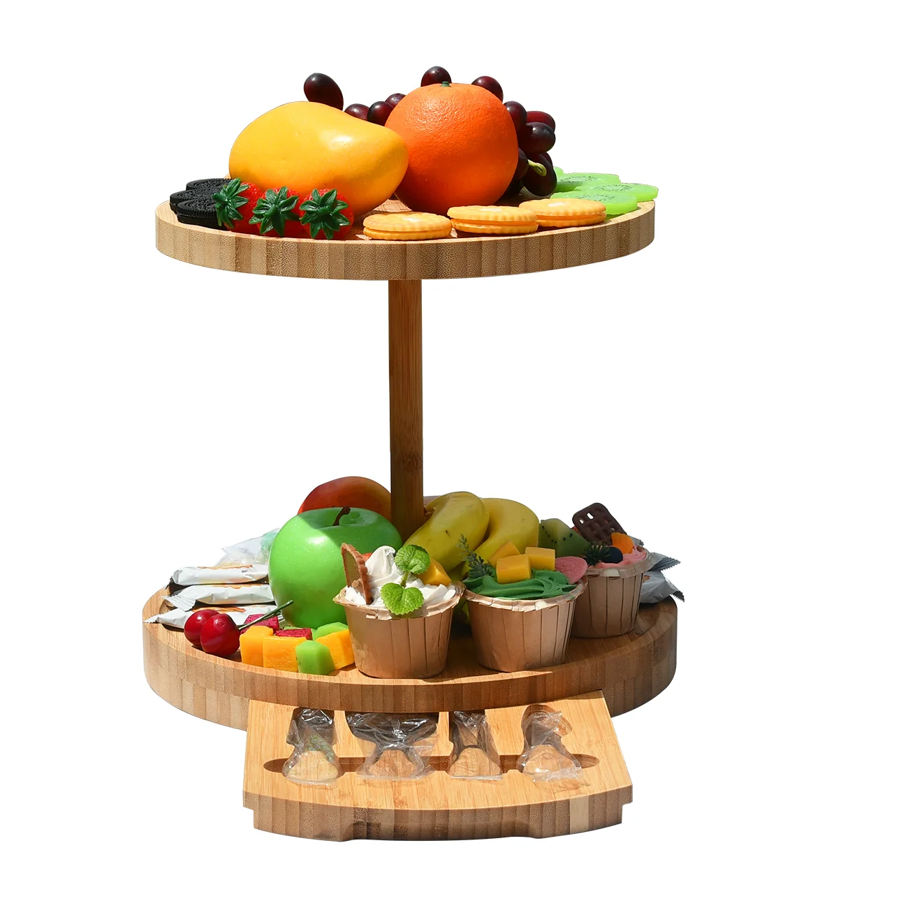 Wholesale Round Bamboo Wood Cupcakes Stand Display Cheese Board With Hidden Drawer
