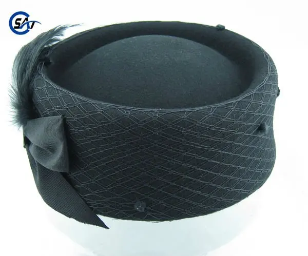 Black wool felt ladies pillbox hat with feathers
