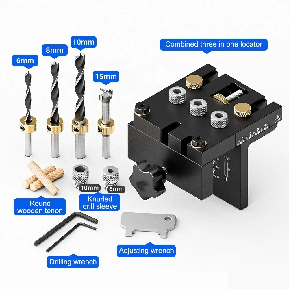 Aluminum Alloy Adjustable 3 In 1 Dowelling Jig kit 6/8/10/15mm Wood Drilling Guide Locator