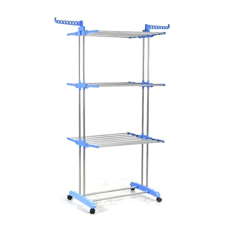 Indoor and outdoor foldable clothes drying rack 3 tier with wheels and extra hooks