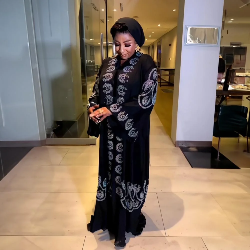 Recommend african dresses Linen Abaya Luxury rhinestones Black Abaya V-neck with long sleeves Abaya Dress
