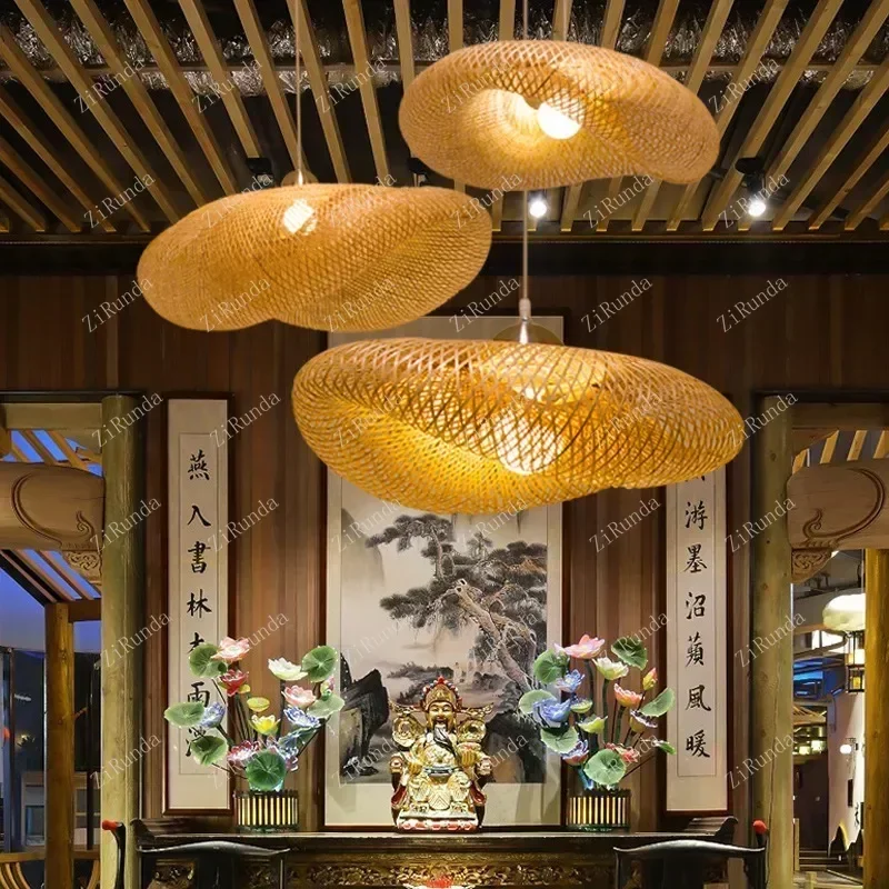 With LED Bulb Rattan Wicker Wood Pendant Light Ceiling Lustre Chandelier Hanglamp Hand Craft Home Living Bed Room Decor