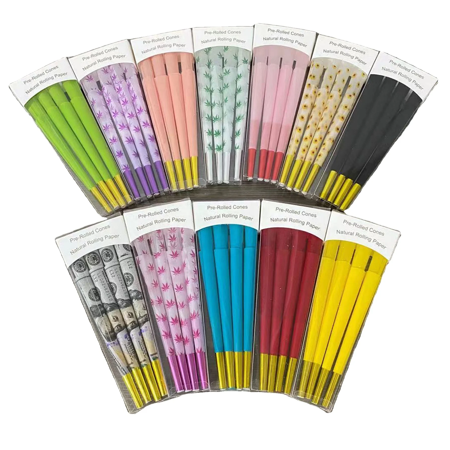 
different color designed natural pre rolled rolling cones of 8pcs per pack 