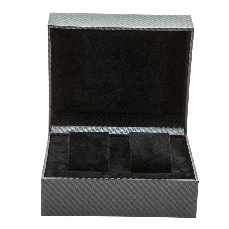 New Product carbon fiber grain black 2 slots wooden watch box for wholesale